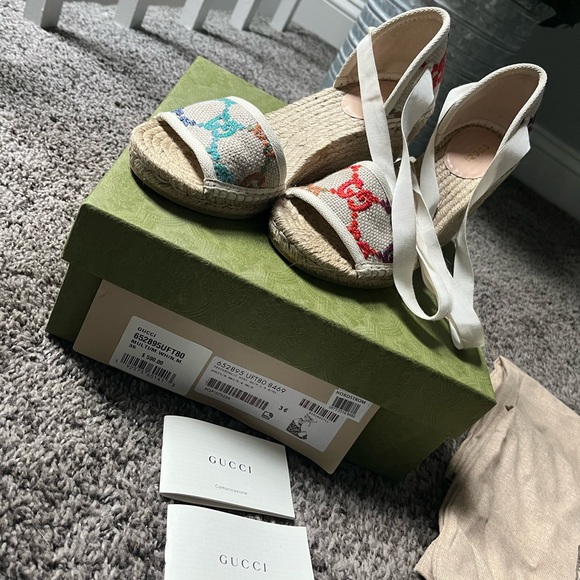 Gucci Multi Colored Lace Up Espadrille Wedge Women’s Size 6/36 Box and Dust Bags - Picture 7 of 7
